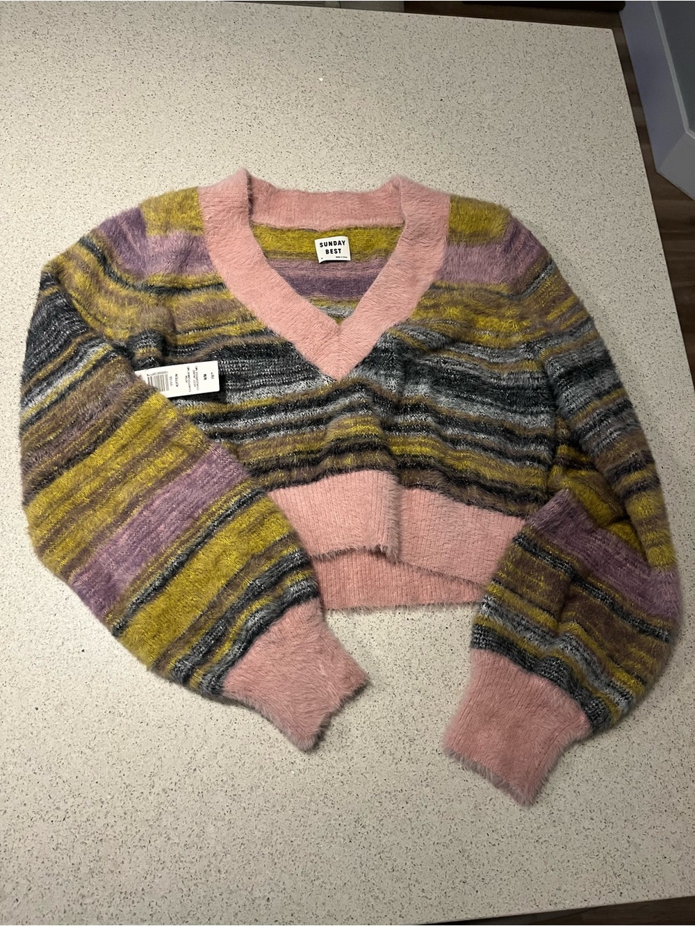 Sunday Best Pink, Yellow & Lavender Striped V-Neck Cropped Sweater